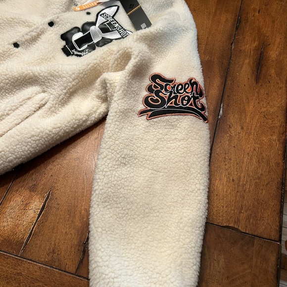 Men's Screenshot Cream Varsity Jacket with Patches - Picture 4 of 7